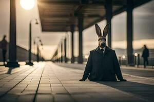 a rabbit in a suit sits on the ground. AI-Generated photo