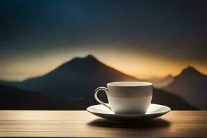 a cup of coffee on a table in front of mountains. AI-Generated photo