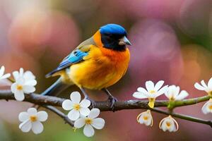 a colorful bird sits on a branch with white flowers. AI-Generated photo