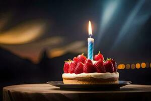 a birthday cake with strawberries and a lit candle. AI-Generated photo