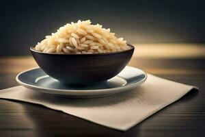 a bowl of brown rice on a plate. AI-Generated photo