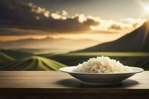 arroz en un cuenco en un mesa en frente de un montaña. generado por ai foto