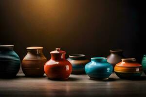 a row of colorful vases on a table. AI-Generated photo