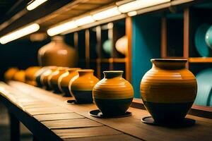 a row of vases on a wooden table. AI-Generated photo