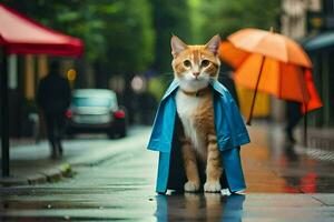 an orange cat in a blue coat standing on a street. AI-Generated photo