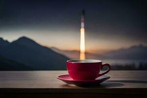 a cup of coffee on a table with mountains in the background. AI-Generated photo