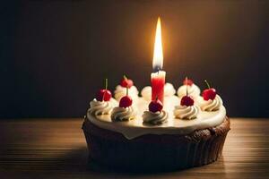 a birthday cake with a single candle. AI-Generated photo