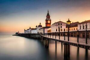 a long exposure photograph of a pier and clock tower at sunset. AI-Generated photo