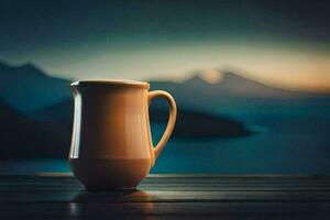 a coffee cup sitting on a table in front of a mountain. AI-Generated photo