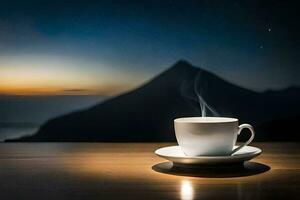 a cup of coffee on a table in front of a mountain. AI-Generated photo