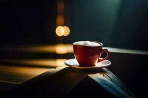 un rojo taza de café se sienta en un de madera mesa. generado por ai foto