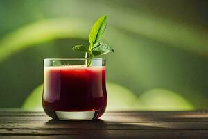 a glass of juice with a green leaf on top. AI-Generated photo