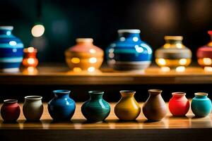 a row of colorful vases on a wooden shelf. AI-Generated photo