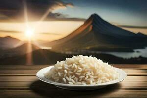 rice in a bowl on a wooden table. AI-Generated photo