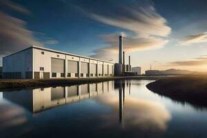 a factory with a large building and a river. AI-Generated photo