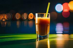a glass of orange juice with a straw on the table. AI-Generated photo