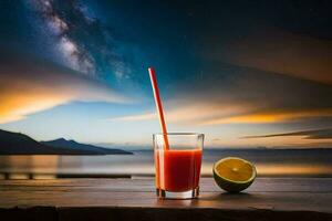 a glass of juice with a straw and a slice of lime on a table in front of a. AI-Generated photo