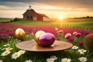 easter eggs in a field. AI-Generated photo