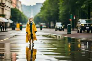 a fox in a yellow raincoat walking down a street. AI-Generated photo