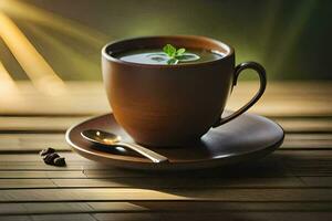 a cup of coffee with a mint leaf. AI-Generated photo