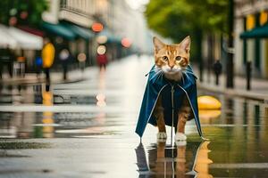 a cat wearing a blue jacket walking on a wet street. AI-Generated photo