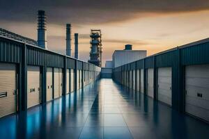 un largo pasillo con almacenamiento unidades y un fábrica edificio. generado por ai foto