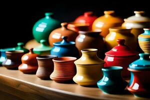 a row of colorful vases on a table. AI-Generated photo