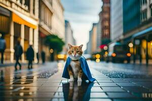 a cat wearing a cape on a rainy street. AI-Generated photo
