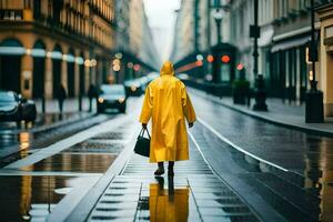 a person walking down a street in a yellow raincoat. AI-Generated photo