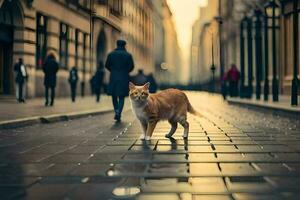 a cat walking down a street in the city. AI-Generated photo