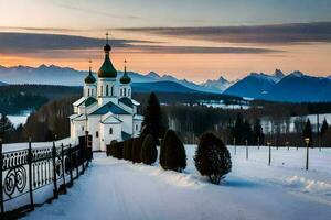 un Iglesia en el nieve con montañas en el antecedentes. generado por ai foto