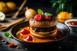 a hamburger with sauce and strawberries on a plate. AI-Generated photo