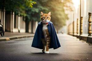 a cat wearing a cape walks down a street. AI-Generated photo