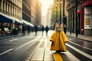 a cat in a yellow raincoat standing on a street. AI-Generated photo