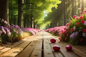 photo wallpaper the sun, flowers, trees, path, flowers, spring, easter, eas. AI-Generated