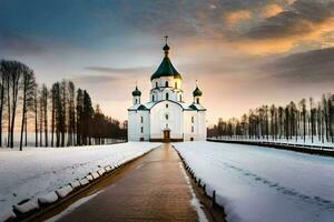 a church in the snow with a sky background. AI-Generated photo