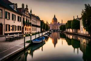 a canal in front of buildings with boats in the water. AI-Generated photo