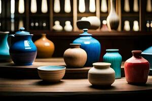 a collection of colorful vases on a table. AI-Generated photo