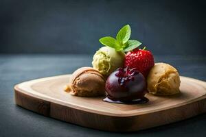 three ice cream scoops on a wooden plate. AI-Generated photo