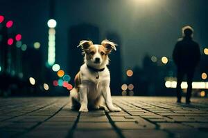 a dog sitting on the ground in front of a city at night. AI-Generated photo