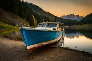 a boat sits on the shore of a lake at sunset. AI-Generated photo