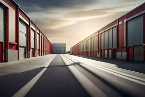 a long empty warehouse with red doors and a sun setting. AI-Generated photo