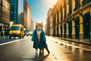 a cat in a blue coat standing on the street. AI-Generated photo