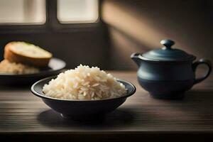 un cuenco de arroz y un tetera en un de madera mesa. generado por ai foto