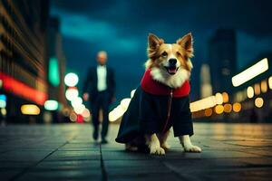 a dog wearing a coat and standing on a street. AI-Generated photo