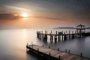 a pier in the water at sunset. AI-Generated photo