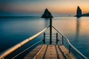 un de madera muelle en el Oceano con dos rock formaciones generado por ai foto