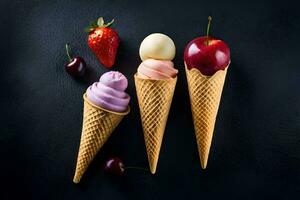 three ice cream cones with cherries and strawberries. AI-Generated photo