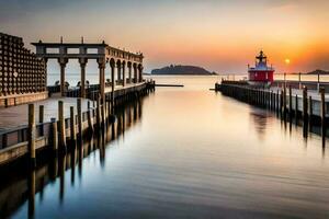 a red lighthouse sits on a dock at sunset. AI-Generated photo