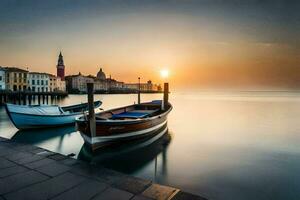 boats docked at the shore of a harbor at sunset. AI-Generated photo